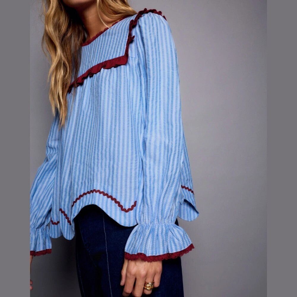 Blue Striped Burgundy Ruffle Trim Scalloped Hem Long Sleeve Blouse